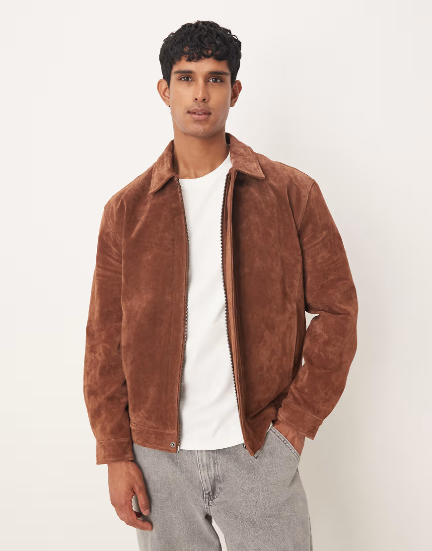 ASOS DESIGN real suede harrington jacket in brown-Neutral | ASOS (Global)