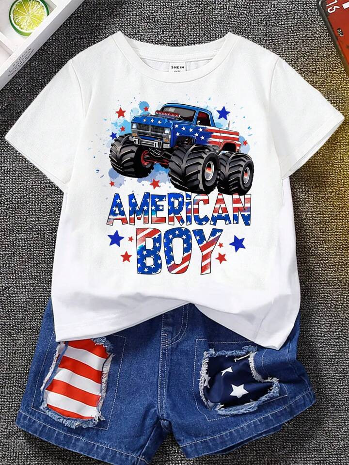 SHEIN 4th Of July Kids USA Independence Day Young Boy Flag Star Stripe Print Washed Cotton Comfor... | SHEIN