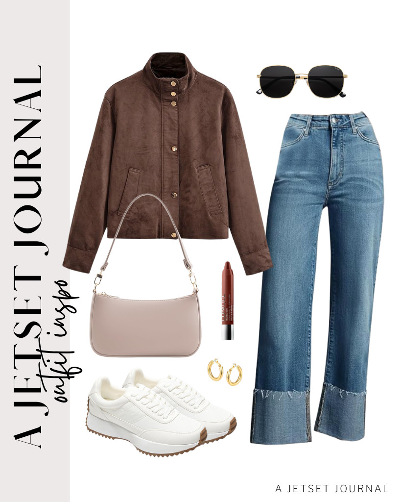 We love this cropped faux suede jacket paired with KUNMI straight-leg jeans, too! For this outfit, you can wear a pair of memory foam sneakers and use a cute taupe shoulder bag. Finish the look with Clinique Chubby Stick lip balm. 

 #LTKSeasonal #LTKSaleAlert #LTKTravel