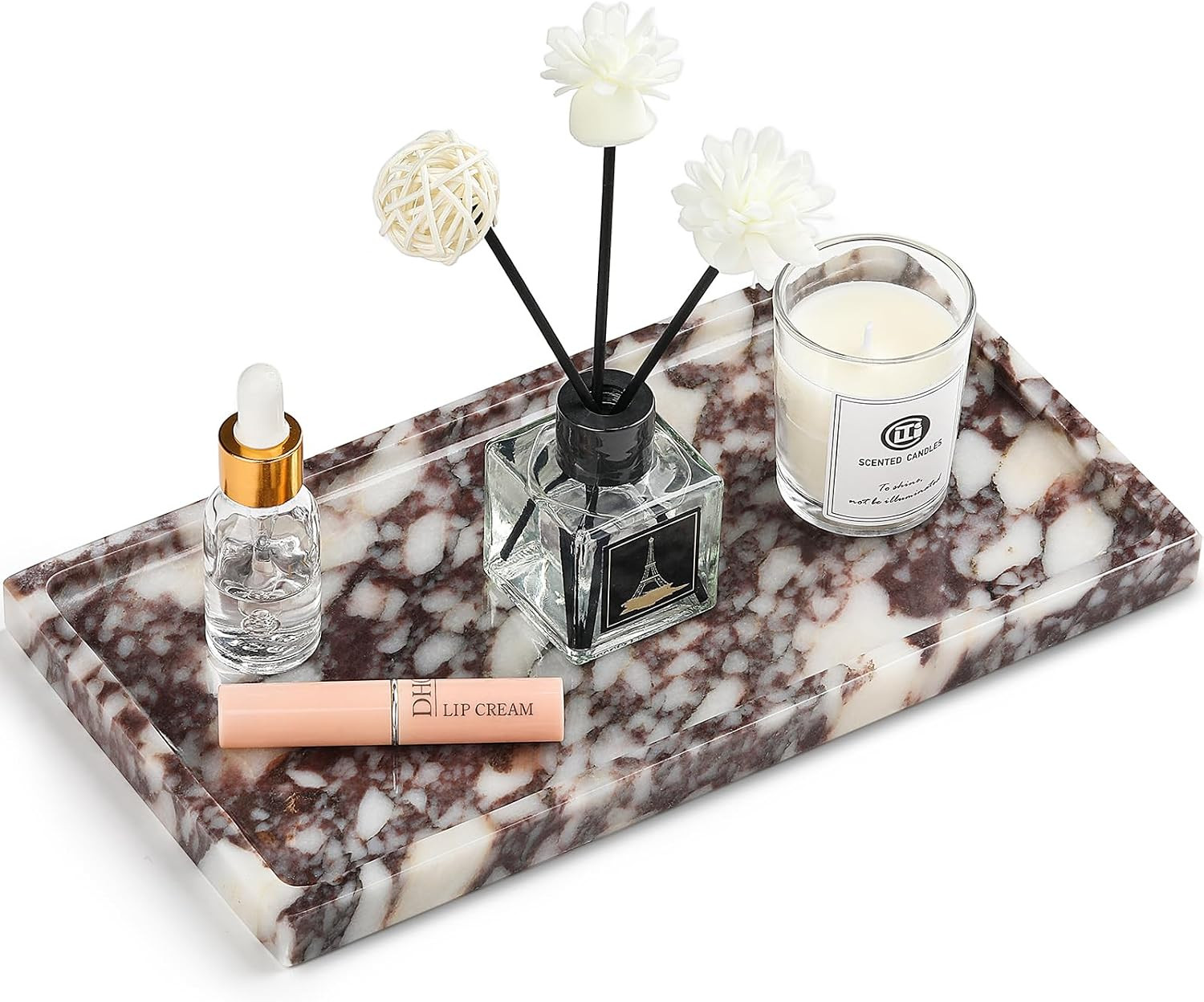Natural Marble Vanity Tray - Moujings Genuine Marble Perfume Tray for Bathroom Decor, Stone Bathroom Vanity Organizer Tray for Kitchen Counter, Candles, Jewelry, Coffee, Makeup, Key | Amazon (US)