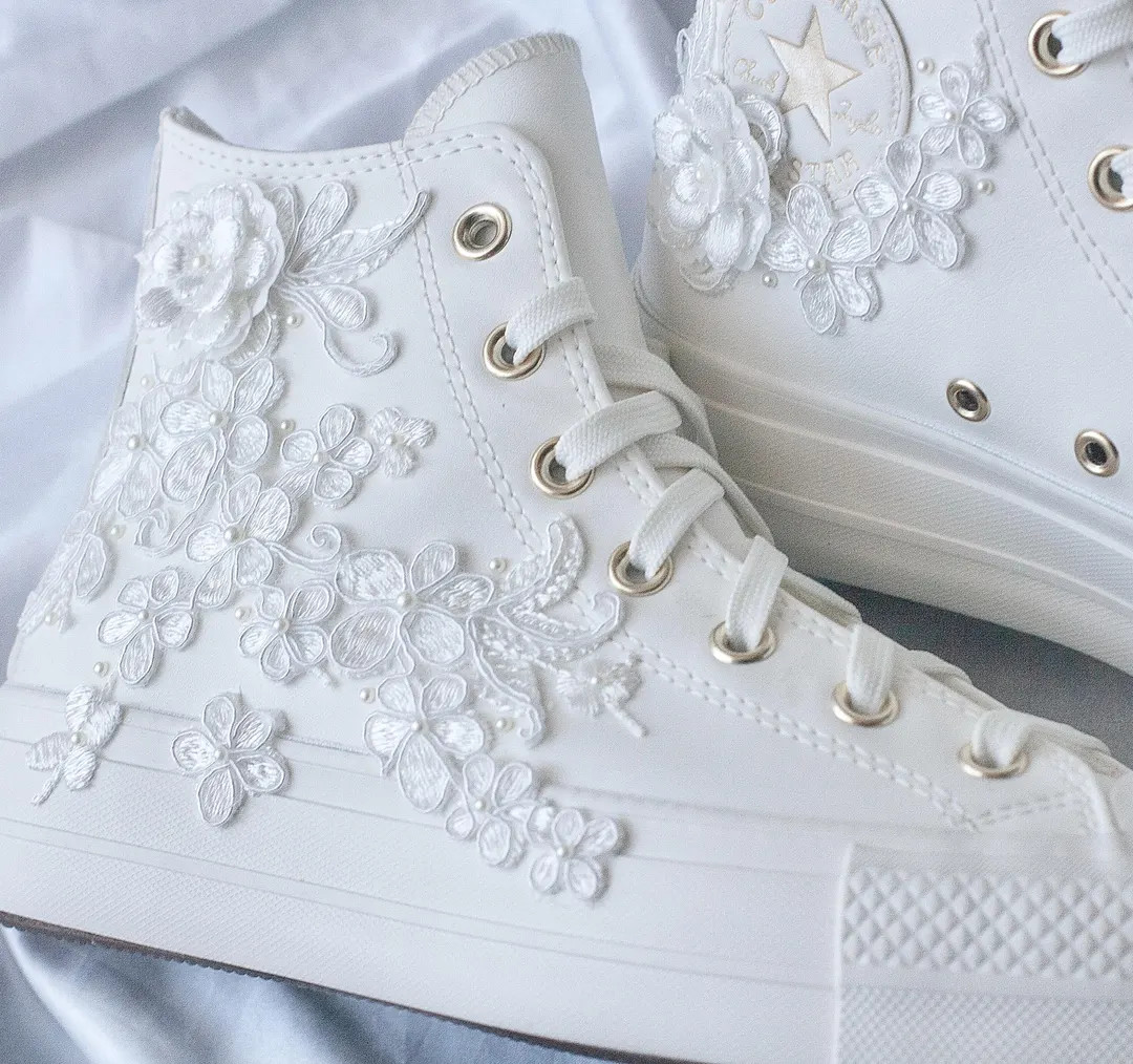 Luxury Embroidered Platform White Gold Pearl Bridal Converse Custom Prom Sneakers Bridal Sneakers... | Etsy (US)