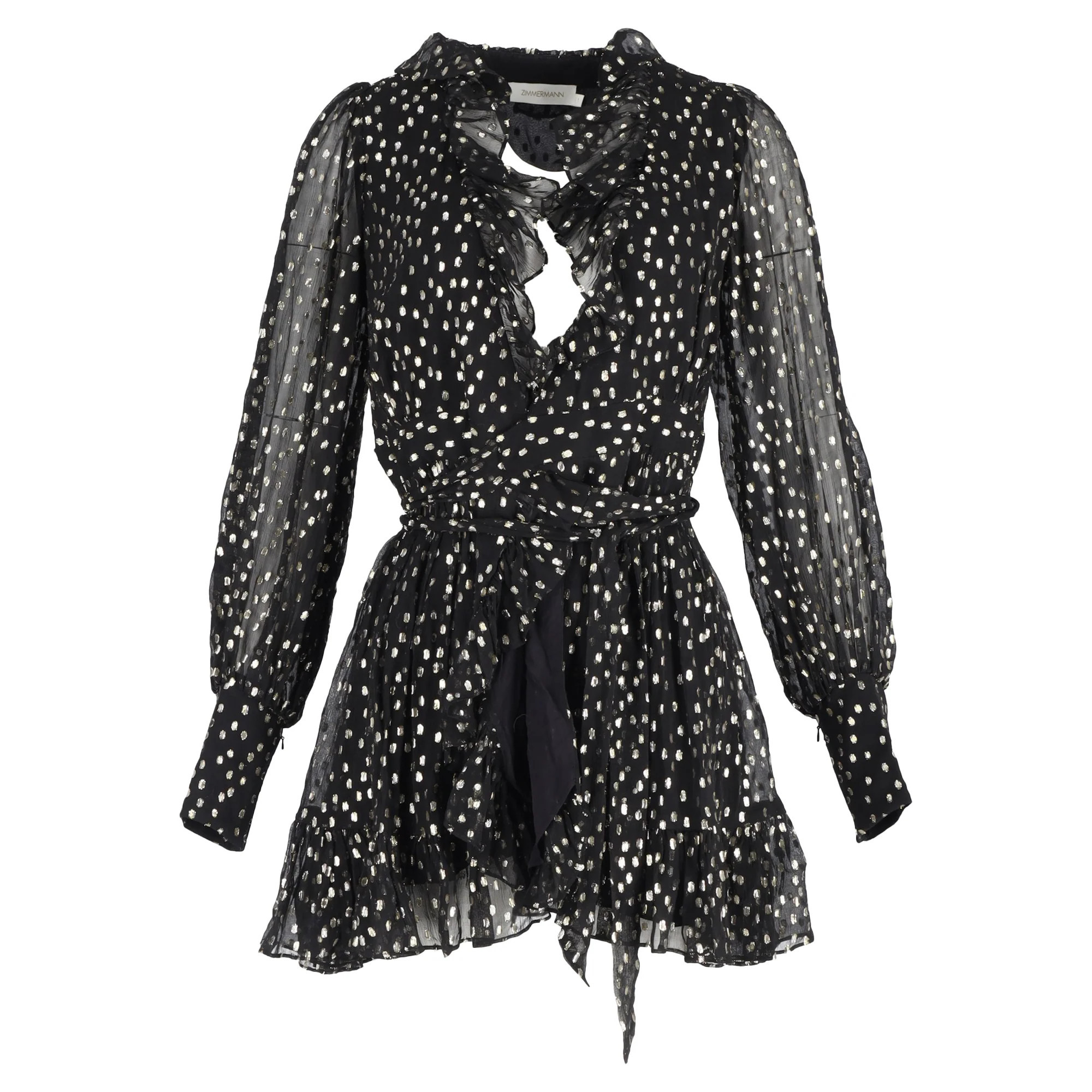 Zimmermann Polka Dot Mini Wrap Dress in Black Silk | Shop Simon