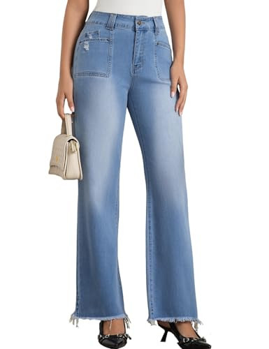 JK SUE JONES Wide Leg Jeans for Women Mid High Waist Straight Leg Boyfriend Mom Denim Pants Frayed Raw Hem | Amazon (US)