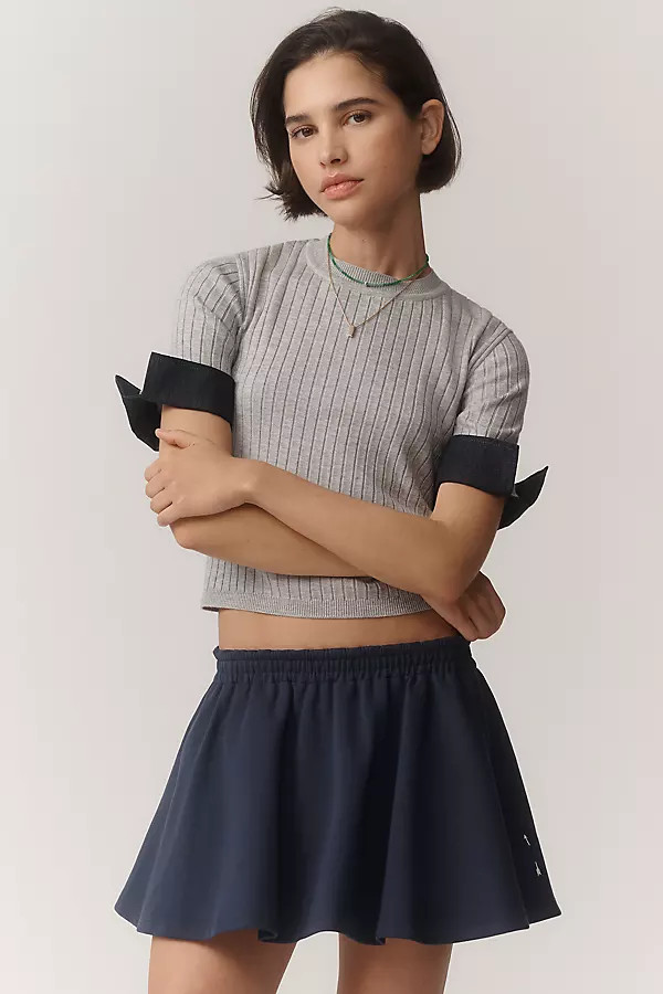 Maeve Fitted Mixed-Media Denim Cuffed Short-Sleeve Sweater | Anthropologie (US)