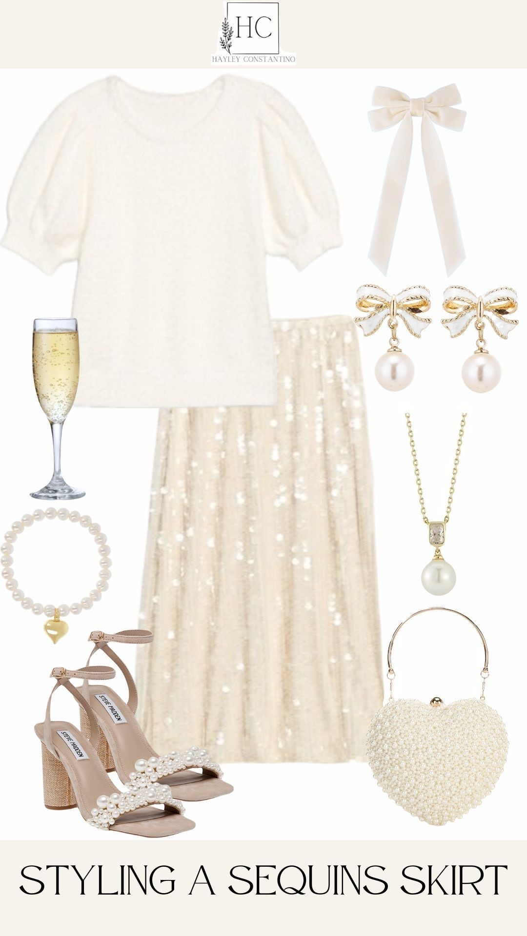 Step into the season’s sparkle with this enchanting holiday outfit—an effortlessly elegant look that blends soft femininity with head-turning shimmer. The creamy sequin skirt catches the light with every movement, creating a dreamy glow perfect for festive parties, winter weddings, or New Year’s celebrations. Paired with a cozy puff-sleeve sweater in a matching ivory tone, the outfit feels luxuriously soft while still undeniably glamorous.
Delicate pearl-trim heels, a heart-shaped beaded handbag, and bow-adorned pearl jewelry add the sweetest finishing touches—each piece chosen to elevate the look with charm and sophistication. Whether you’re sipping champagne or dancing the night away, this ensemble promises to make you feel radiant, polished, and beautifully put together.


#LTKCyberWeek #LTKootd #LTKHoliday
