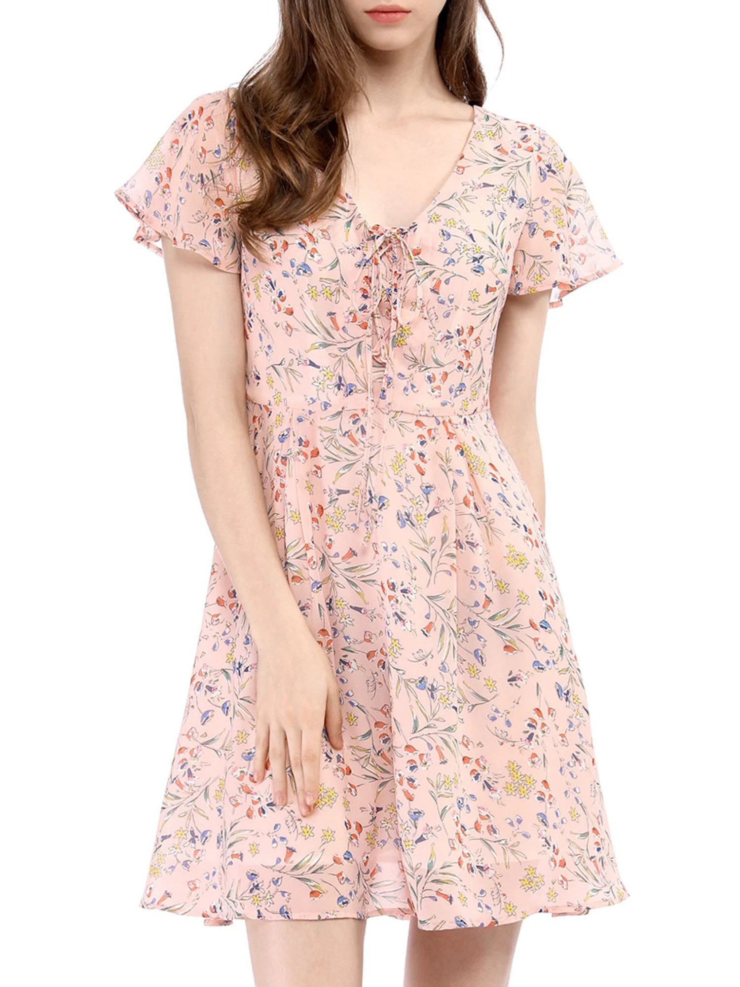 Allegra K Women's Floral Lace-up Chiffon Dress - Walmart.com | Walmart (US)