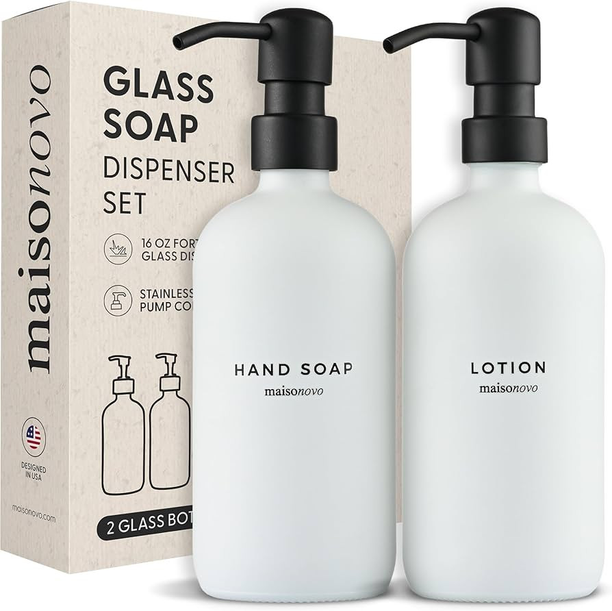 MaisoNovo Bathroom Soap and Lotion Dispenser Set | 16.9 fl oz White Glass Black Pumps x 2 | Amazon (US)