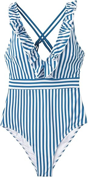 Women's Blue White Stripe Ruffled One Piece Swimsuit | Amazon (US)