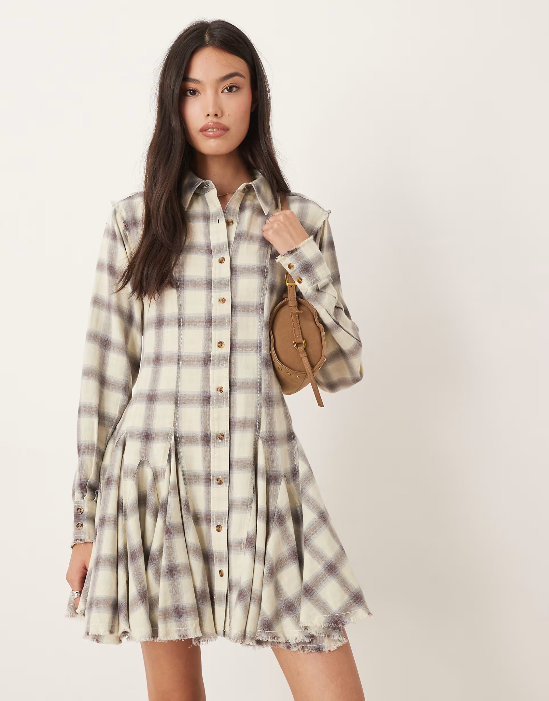 ASOS DESIGN mini shirt dress with nipped in waist and godets in washed gray and blue plaid | ASOS | ASOS (Global)
