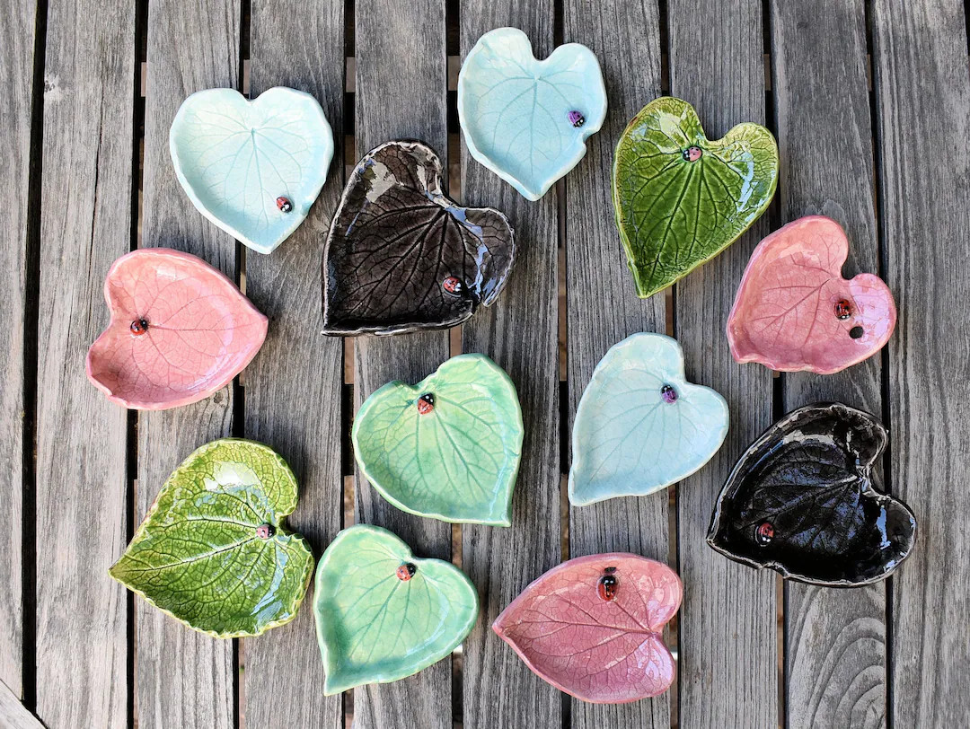 Colorful Heart shaped Forget-Me-Not leaf imprinted and Ladybug Utility Dish | Etsy (US)