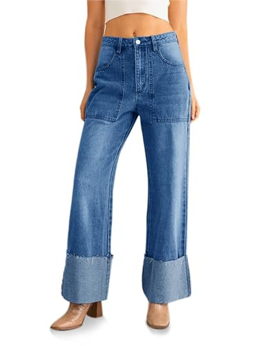 PLNOTME Womens Baggy Cuffed Jeans Casual Straight Leg Boyfriend Denim Pants with Pockets Blue | Amazon (US)