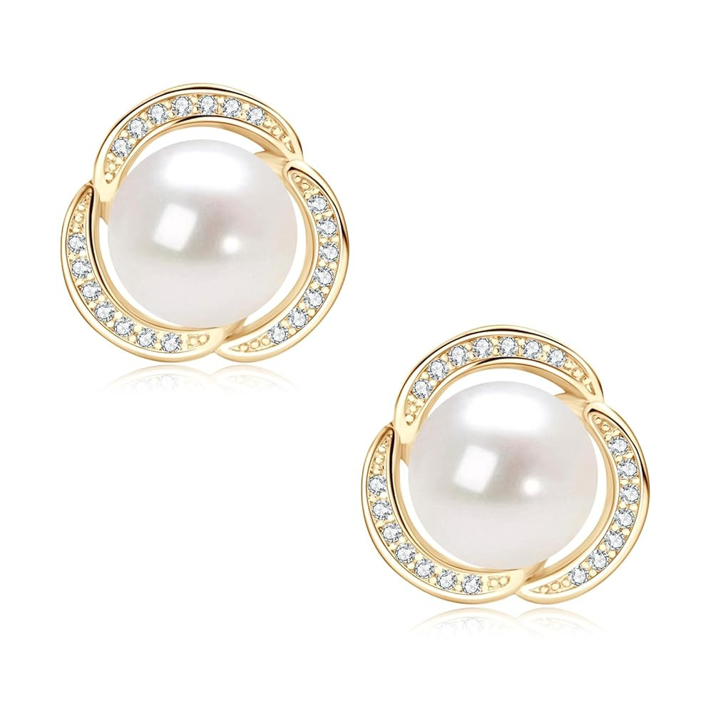 Pearl Stud Earrings for Women 14K Gold Plated Freshwater Cultured White Pearl with Cubic Zirconia... | Amazon (US)