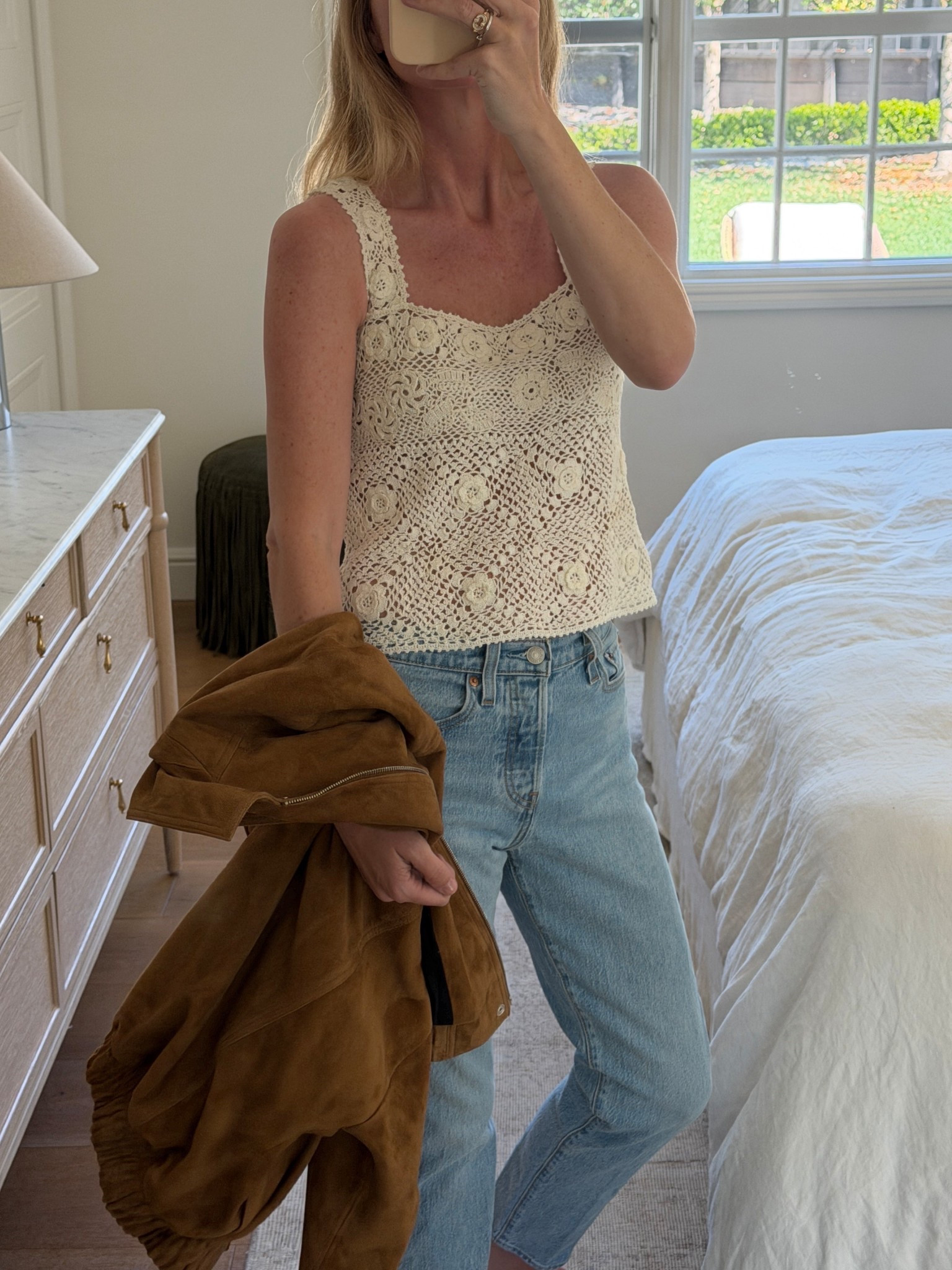 Top is old Doen Heirloom (there is currently on one poshmark!) and I linked similar vibes available online now!

Jeans and jacket are true to size 