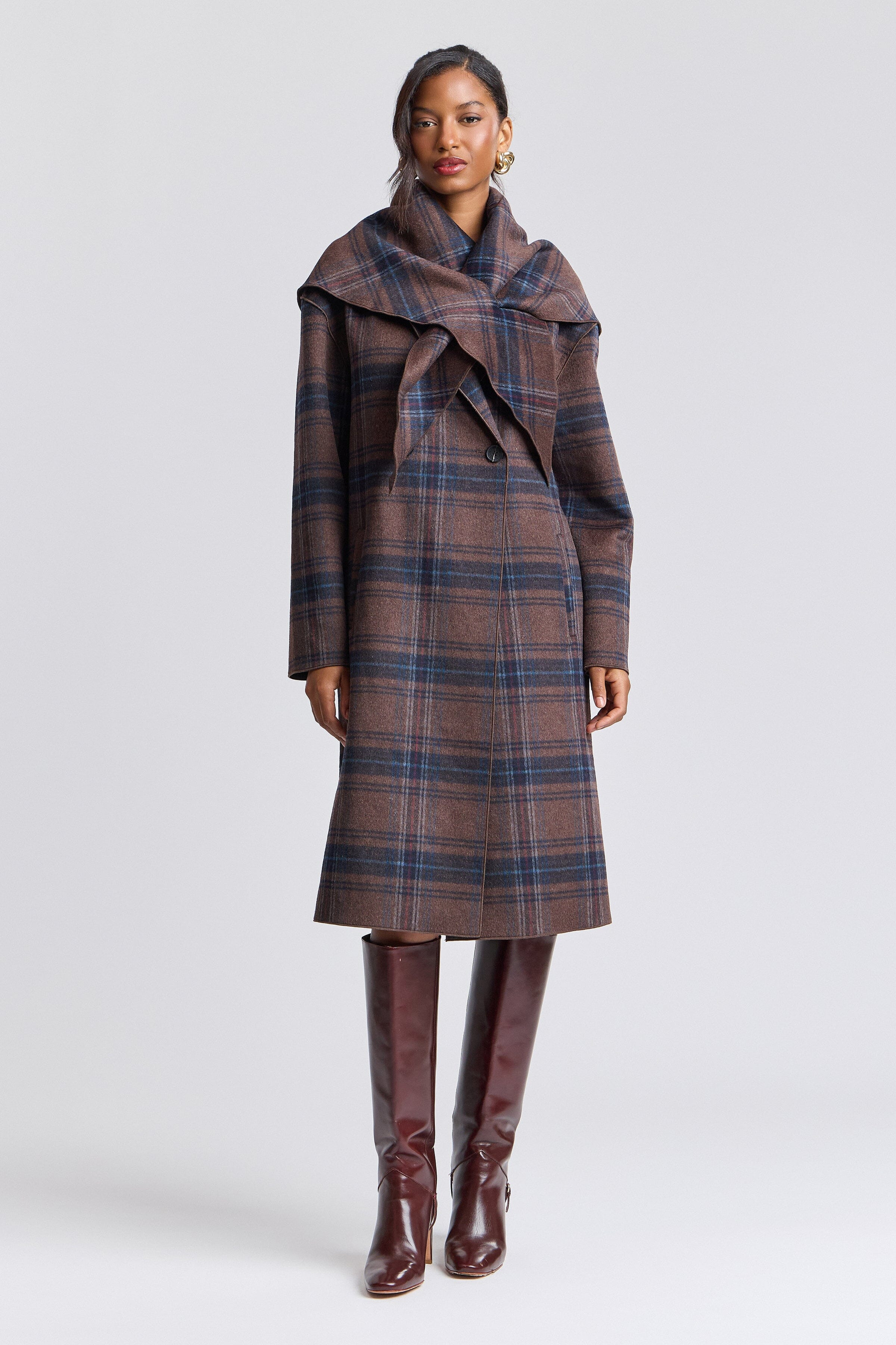 Plaid Wool Blend Scarf Trim Coat | Avec Les Filles