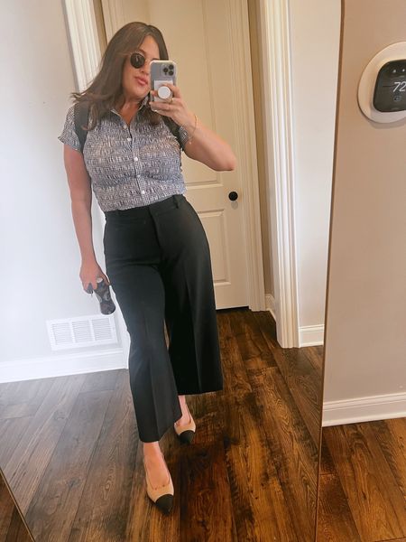 Office outfit. Love these pants and any style of pant that does not wrinkle. The top is perfect for fall transition and comes in black which would be stunning with khaki or white trousers or jeans . Top runs a little small, size up it in between sizes, it is very stretchy but button gaping would be a problem. Pants run a tad on large size for J.Crew. Shoes definitely run at least a half size larger. Designer cap toe vibes but comfortable with modest heel. Also am I the only backpack office girlie now? Totes can just be more of a hassle 

#LTKunder50 #LTKmidsize #LTKcurves