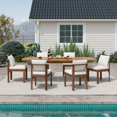 Christopher Knight Home Harrison Patio Modern 7-Piece Acacia Wood Expandable Dining Table and Chairs Set with Cushions, Teak/Brown/Beige | Target
