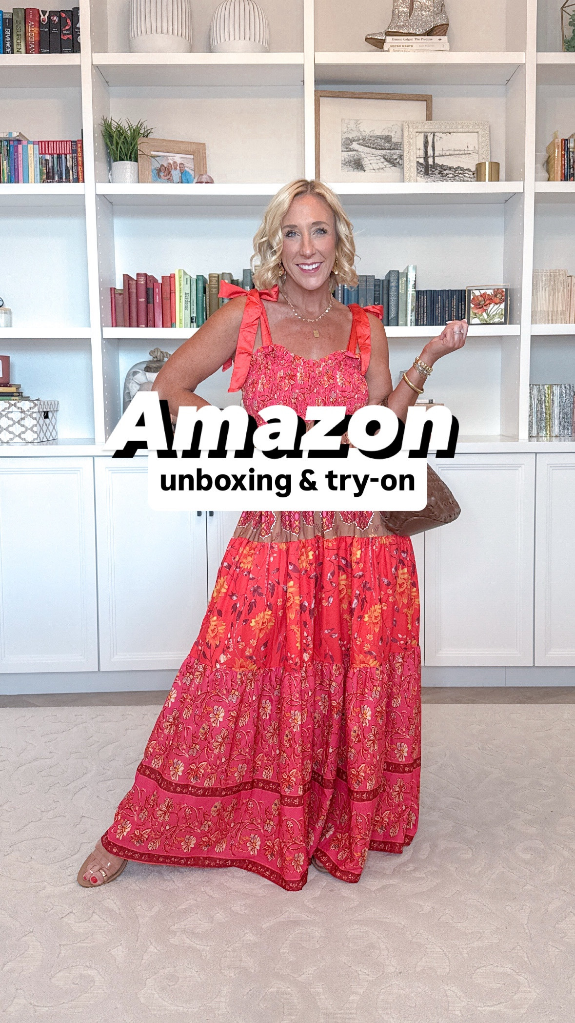 Amazon unboxing & try-on:
1. Brown woven purse - has removable inner pouch.
• red floral tie-strap maxi - size small. 
2. V-neck 2-piece set - size small. 
3. Red mixed media dress - size small. 
4. Ribbed tank vest- size small. 
• jeans - size 26. 
• pull-on pants - size small. 
5. Square neck ribbed sweater tank - size small. 
• linen wide leg cropped pants - size small. 
6. Gingham smocked top dress - size small. 
• sandals - tts & 20% off  

#LTKOver40 #LTKFindsUnder50 #LTKSeasonal