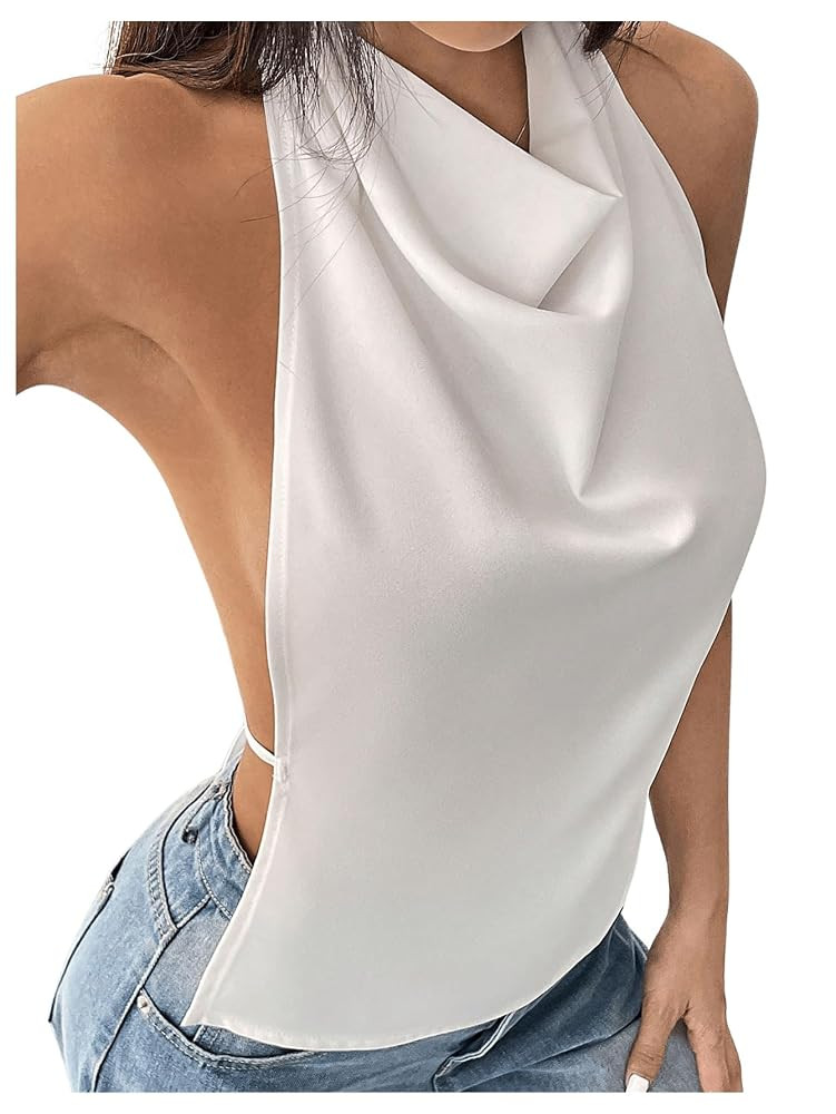 MakeMeChic Women's Halter Tops Open Back Sleeveless Satin Dinner Tops Tie Backless Summer Shirts | Amazon (US)
