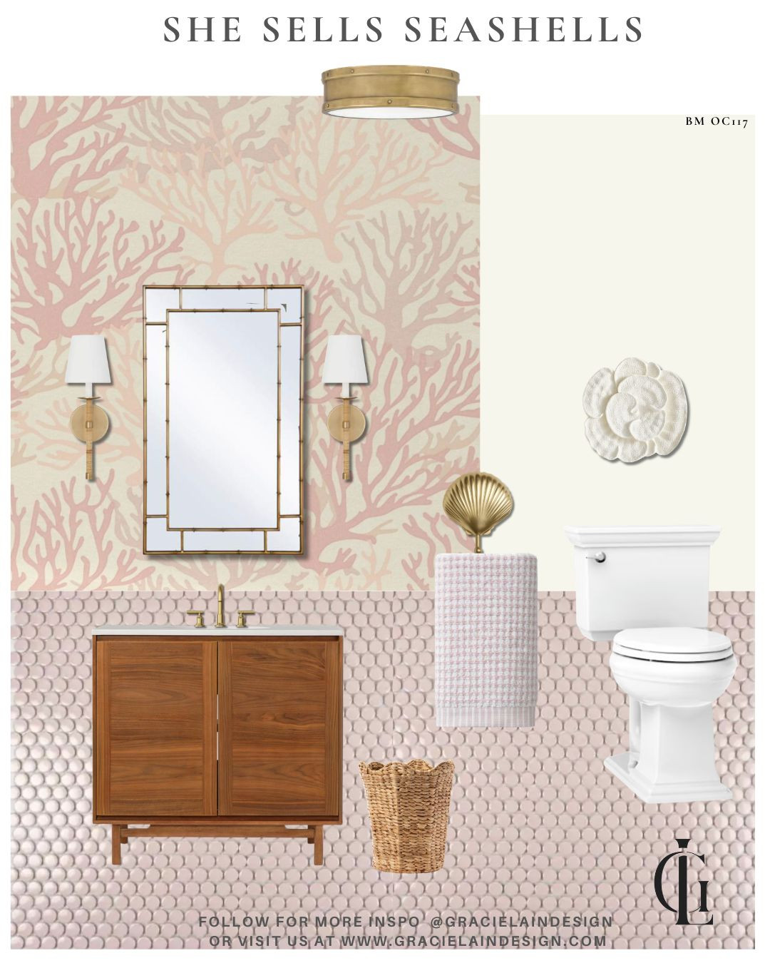 She Sells Seashells 🌊🐚
A powder room layered in soft blush coral wallpaper, warm wood tones, textured brass lighting, and just enough nautical soul to feel storied—not themed. The bamboo brass mirror, blush penny tile, coral resin art, woven wastebasket, and whimsical shell hook all work together like treasures gathered over time along a quiet coastline. Refined, sea-worthy, and effortlessly collected.

Design should whisper the story, never shout it.

Explore more layered interiors at GracielainDesign.com

#PowderRoomDesign #CoastalInteriors #LuxuryInteriors #BlushInteriors #WallpaperDesign #InteriorStyling #CoralInspired #BrassDetails #CoastalElegance #CollectedInteriors #NauticalInspired #InteriorDesign #BeachHouseStyle #WarmModern #StatementWallpaper #SeaInspiredDesign #RefinedCoastal #GracielainDesign 

 #LTKSeasonal #LTKHome #LTKSaleAlert