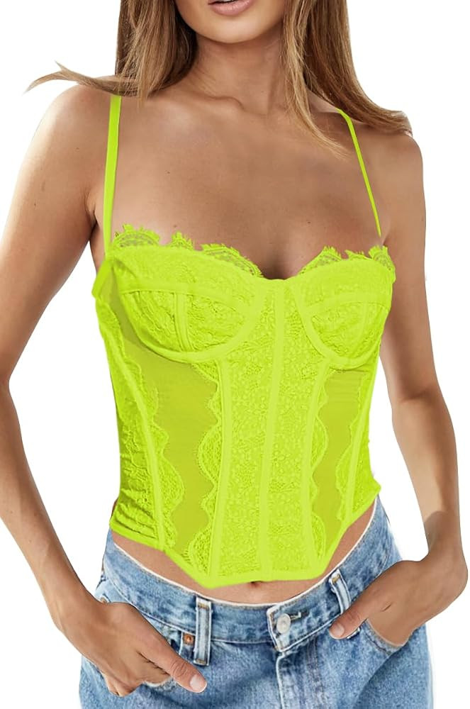 Dealmore Womens Lace Bustier Mesh Sexy Vintage Spaghetti Strap Open Back Boned Corset Going Out P... | Amazon (US)