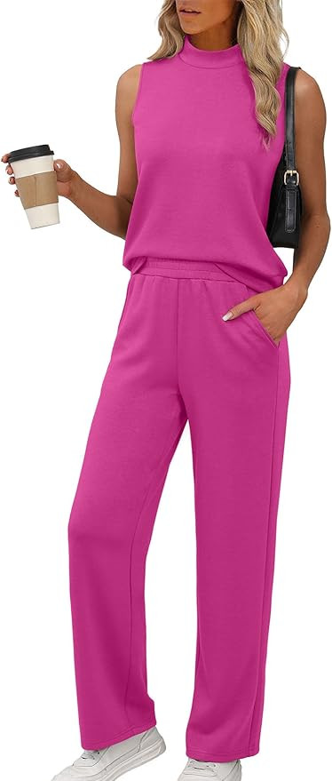XIEERDUO Two Piece Sets for Women Summer Outfits Travel Mock Neck Lounge Sets Wide Leg Pants Beac... | Amazon (US)