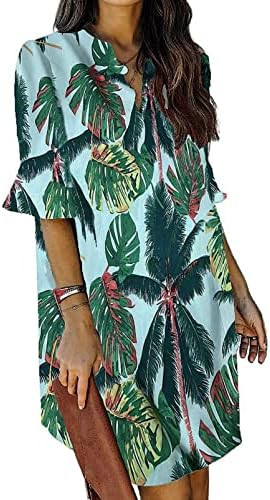 QACOHU Womens V Neck Ruffle Short Sleeve Simple Solid Color Casual Summer Dress | Amazon (US)