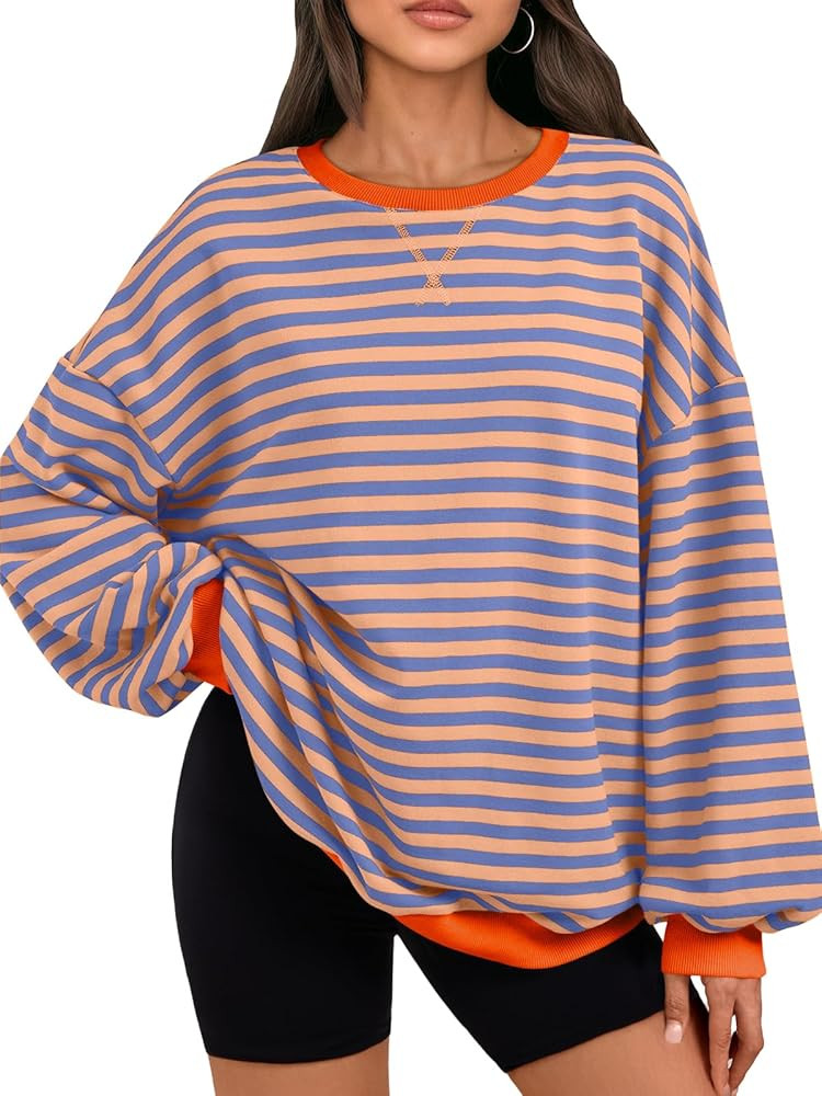 Trendy Queen Oversized Sweatshirt for Women 2026 Fall Crewneck Striped Long Sleeve Shirts Hoodies... | Amazon (US)