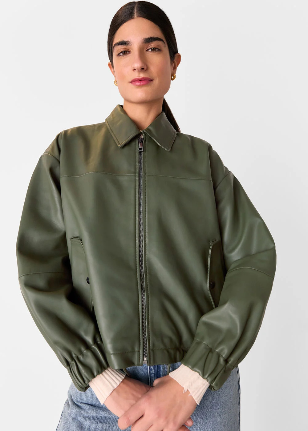 Khaki Frida Leather Bomber Jacket | WHISTLES | Whistles UK | | Whistles