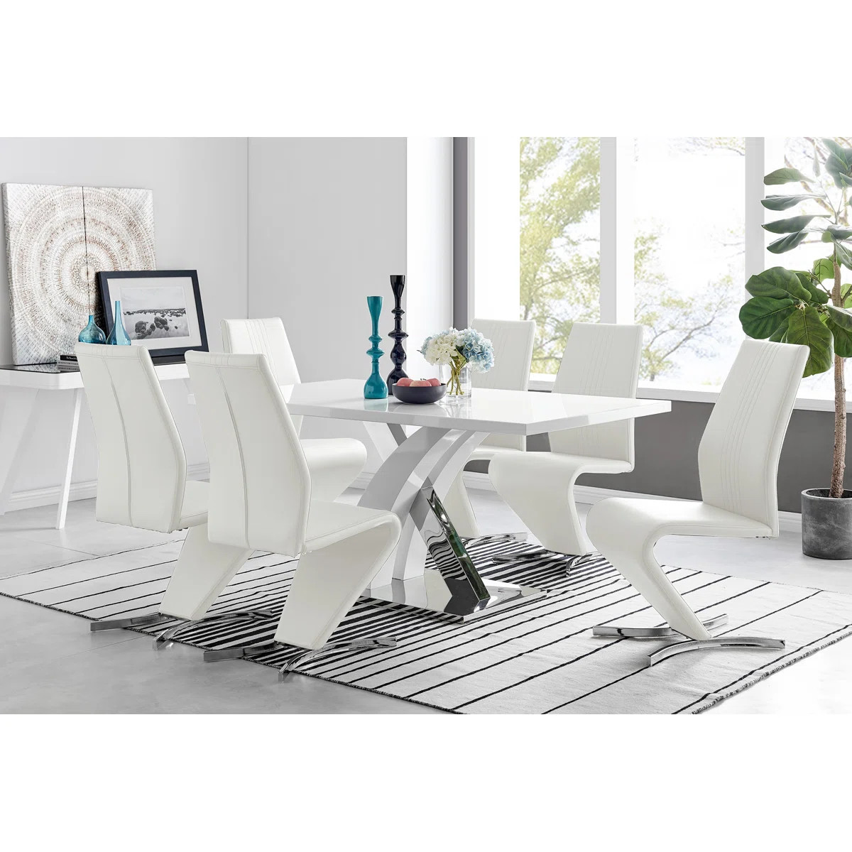 Edzard Chrome & White High Gloss Dining Table Set with 6 Luxury Faux Leather Dining Chairs | Wayfair North America
