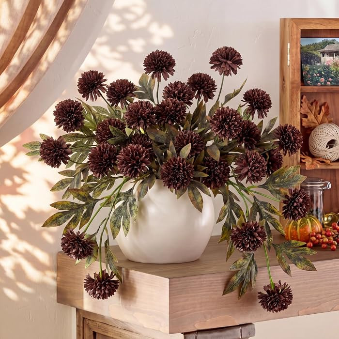 Knitgrip 8 Pcs Faux Silk Pom Pom Mum Artificial Chrysanth Flowers for Vase Faux Chrysanthemum Bra... | Amazon (US)