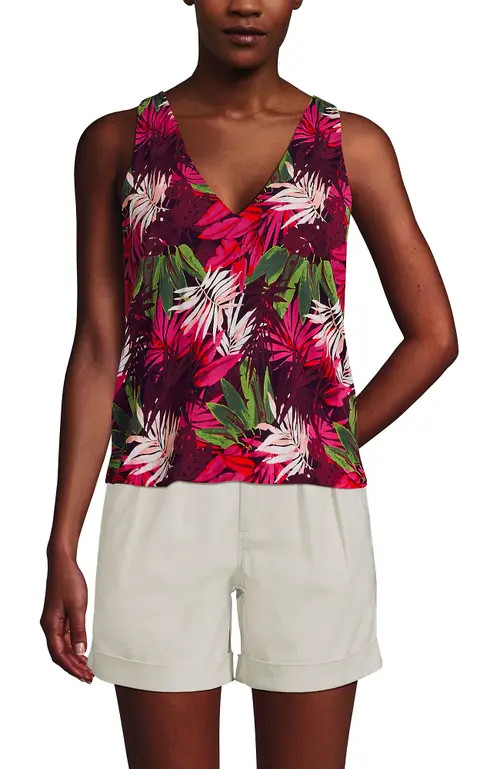 Lands' End Lightweight Jersey Blouson Vneck Tank in Hot Pink Tropical Palm at Nordstrom, Size Large | Nordstrom