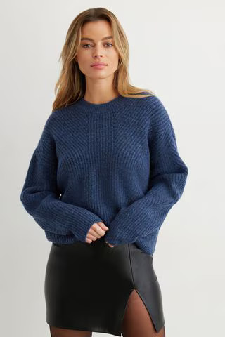 Crew Neck Fuzzy Knit Sweater | Dynamite Clothing