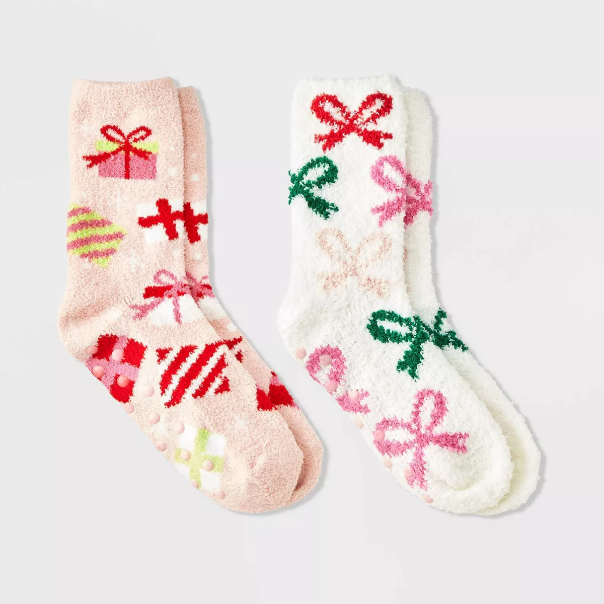 Kids' 2pk 'Presents & Bows' Cozy Christmas Crew Socks - Cat & Jack™ Pink | Target
