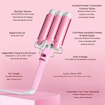 32mm Jumbo Hair Waver Iron, 3 Barrel Curling Iron Wand with LCD Temp Display, 1.25 Inch Ceramic T... | Amazon (US)