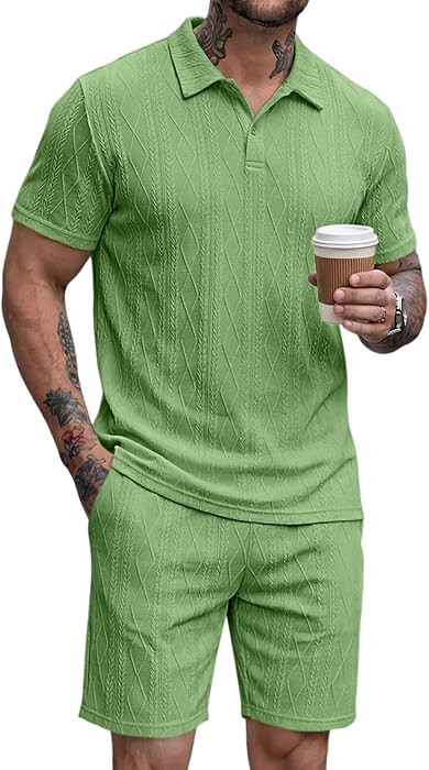JMIERR Mens 2026 Casual 2 Piece Outfits Lounge Sets Jacquard Knit Short Sets Golf Short Sleeve Ou... | Amazon (US)