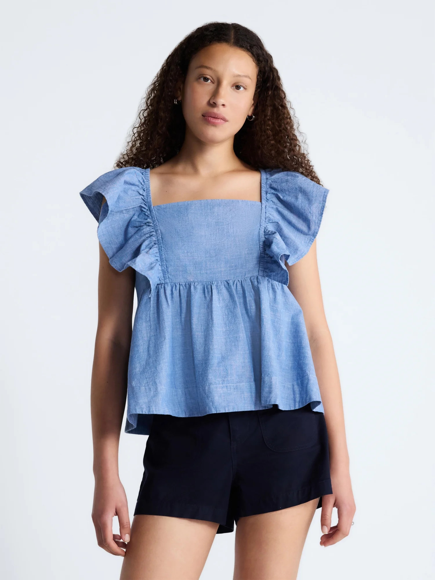 Free Assembly Women's Square Neck Cotton Top with Flutter Sleeves, Sizes XS-XXL | Walmart (US)