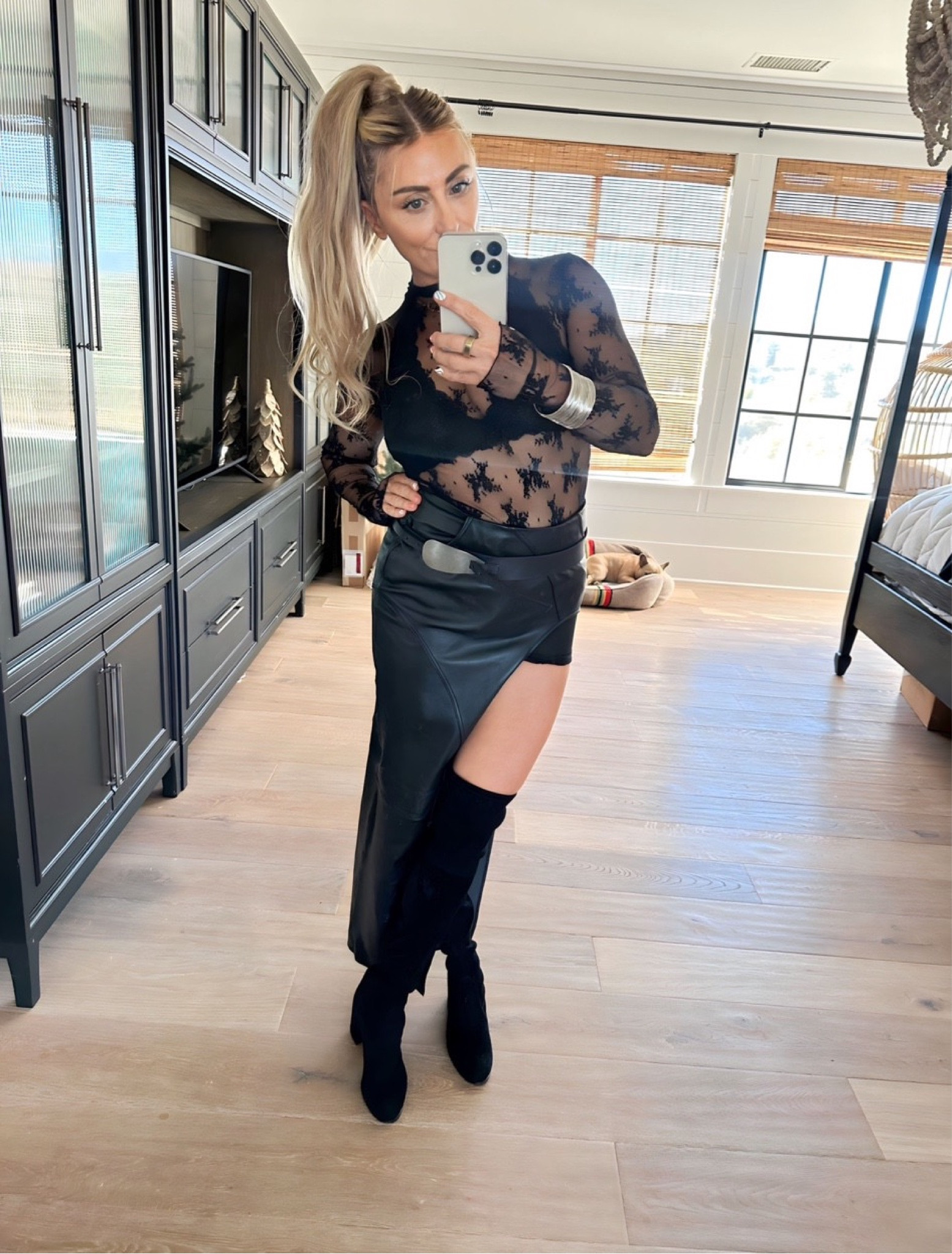 Mirror selfie with this little black look! Holiday Christmas party leather and lace🖤 
#skirt #boots #heels #holidaylook 



#LTKparties #LTKSeasonal #LTKHoliday