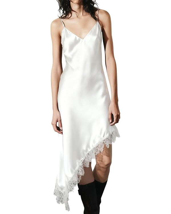 Women Lace Satin Asymmetrical Dress Y2k Spaghetti Strap High Low Silk Dress Sexy Layering Slip Dr... | Amazon (US)