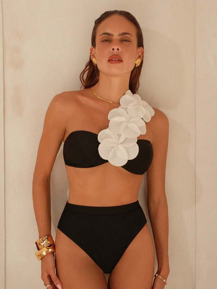 Swim Chiccia Conjunto De Bikini Con Un Hombro Y Decoración Floral 3D Para Mujer, Adecuado Para La Playa Y Vacaciones, Primavera/Verano | SHEIN