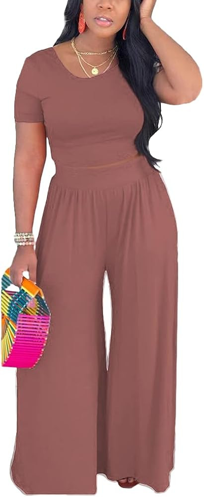HBQ Two Piece Outfits For Women Casual Sweat Suits Backless Short Sleeve Crop Tops Wide Leg Pants... | Amazon (US)