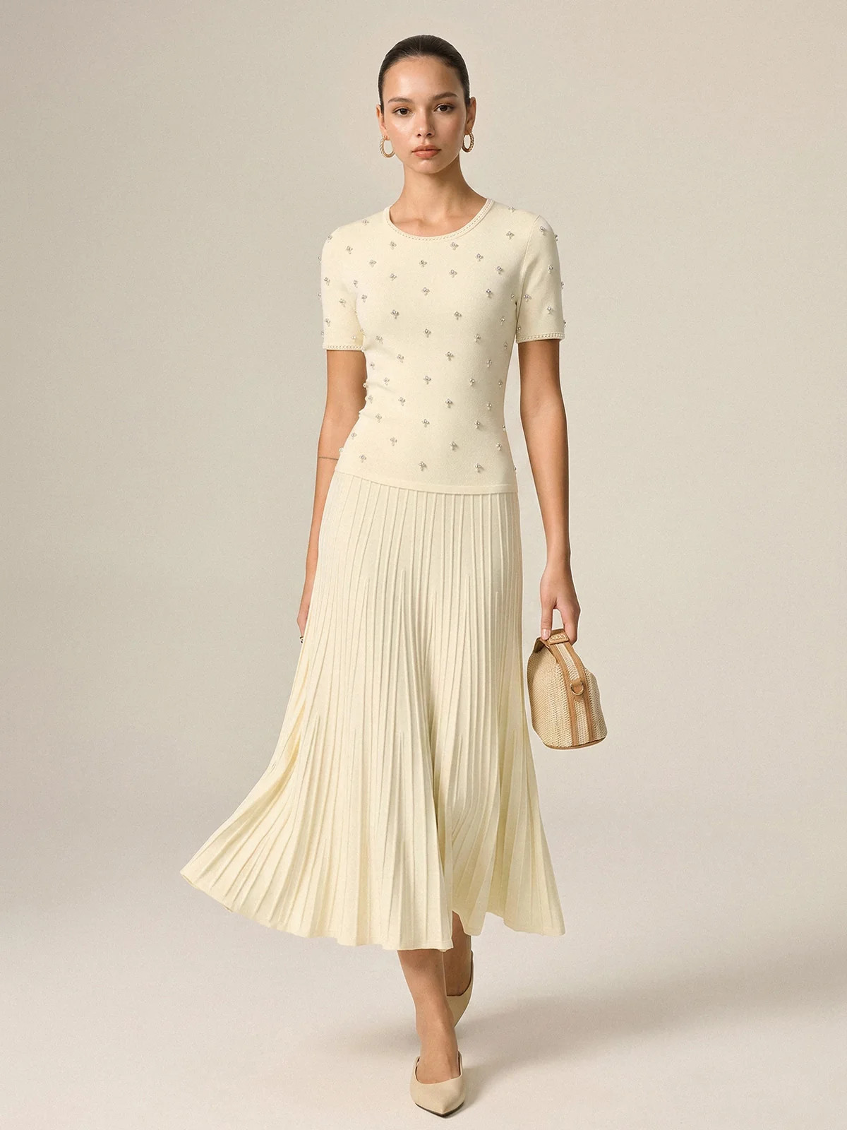 Pearl Rhinestone Rib Knit Midi Dress | Commense