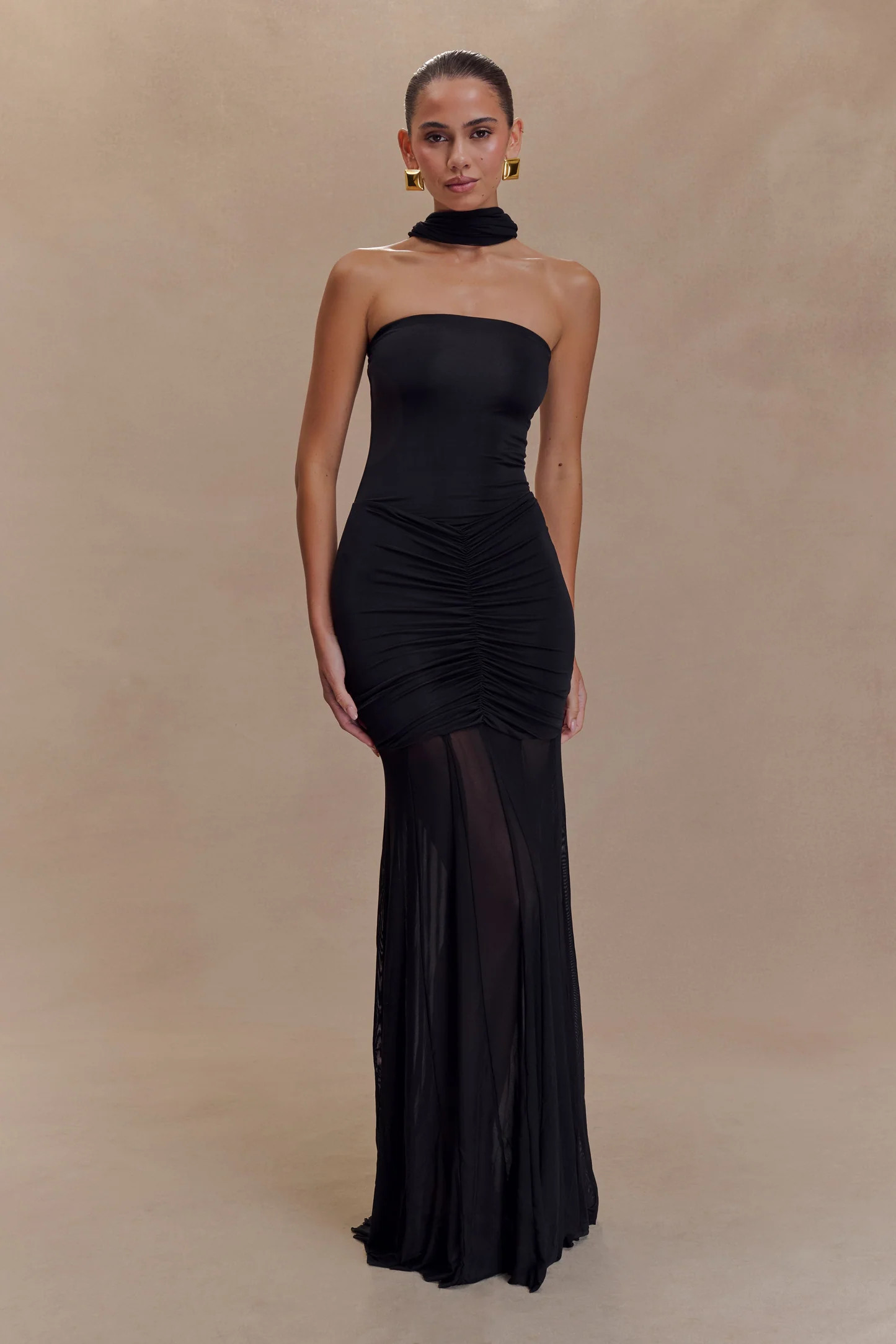 Caspian Slinky And Mesh Off Shoulder Maxi Dress - Black | MESHKI US