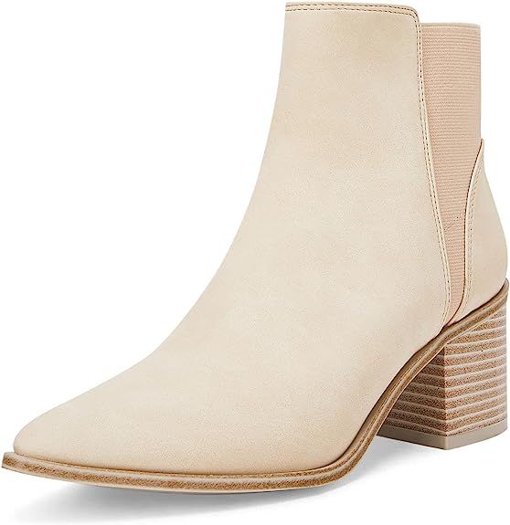 Amazon.com | Coutgo Womens Pointed Toe Ankle Boots Elastic Chunky Block Stacked Mid Heel Slip On ... | Amazon (US)