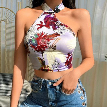 Women s Chinoiserie Print Chinese Knot Asymmetric Halter Slim Fit Open Back Tank Tops | Walmart (US)