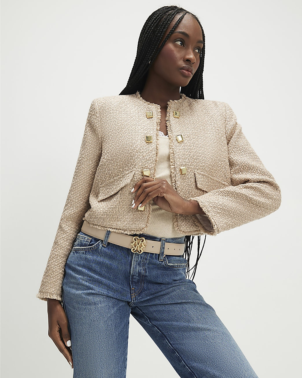 Beige Boucle Trophy Jacket | River Island UK & IE
