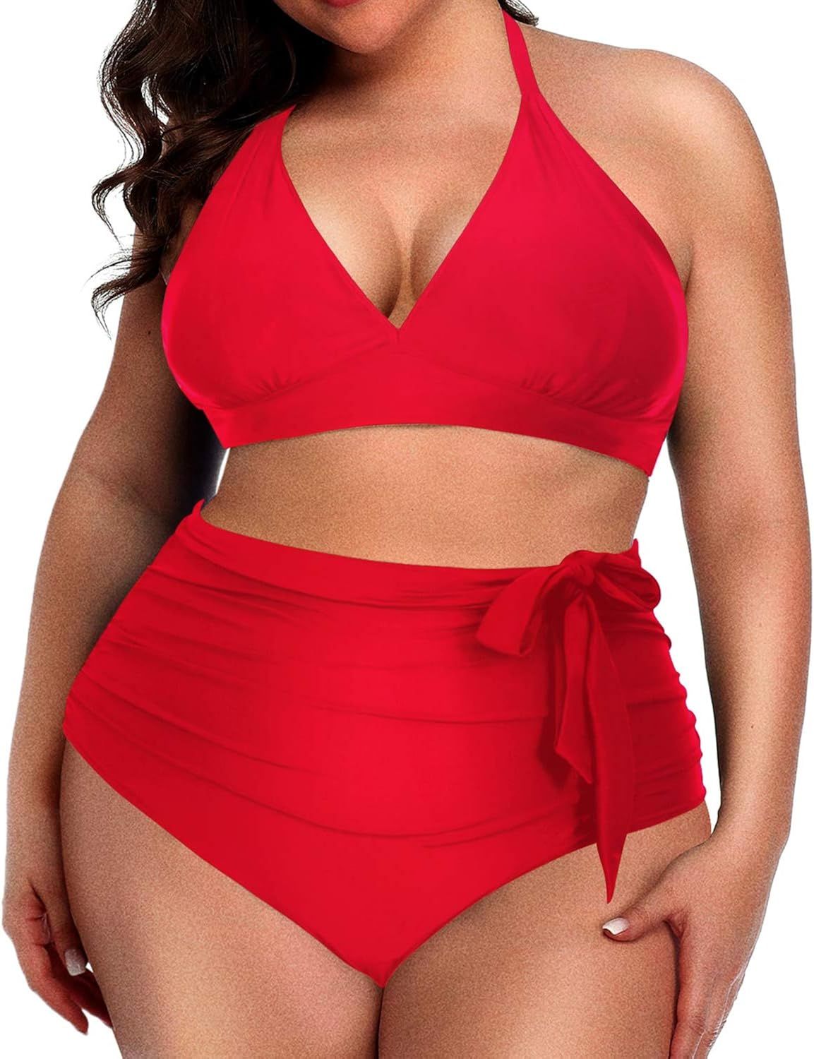 Daci Women Plus Size Bikini High Waisted Halter V Neck Ruched Tummy Control Two Piece Swimsuits | Amazon (US)