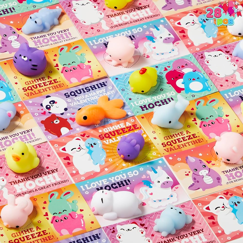 JOYIN 28 Packs Valentines Day Squishy Toy Gift Cards for Kids, Kawaii Mochi to Squeeze with Cards... | Amazon (US)