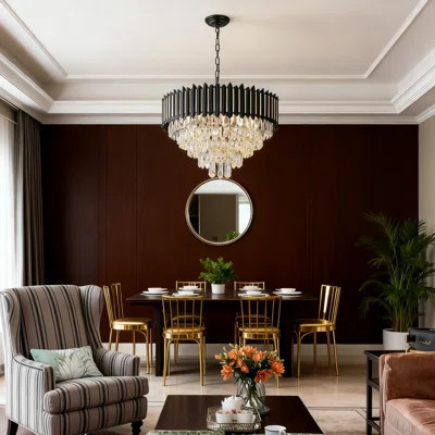 Modern Black And Gold Crystal Chandelier 23.6 Inch Round Pendant Light With 12 Lights For Dining Room Living Room Entryway Foyer Staircase Contemporar | Wayfair North America