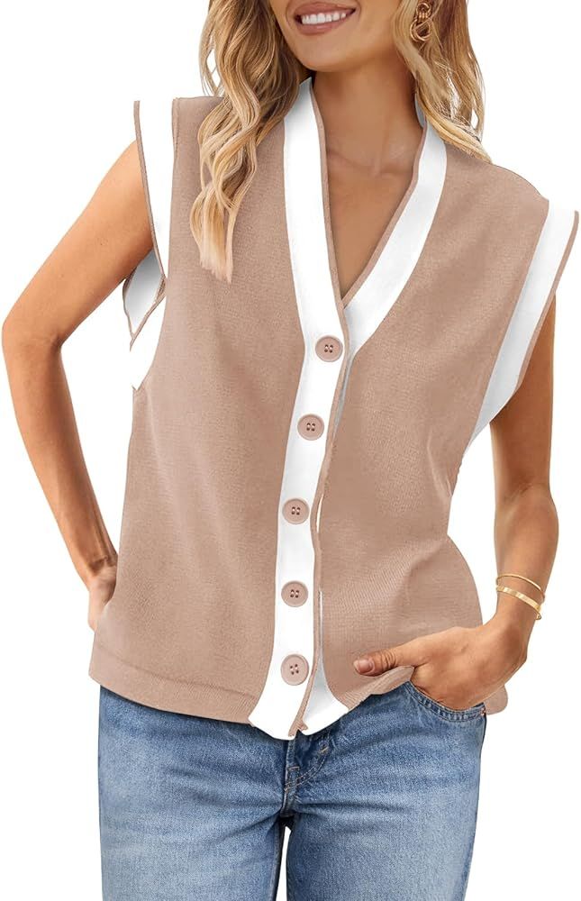 MEROKEETY Women's V Neck Sweater Vest Cap Sleeve Color Block Knit Tank Tops Button Down Going Out... | Amazon (US)