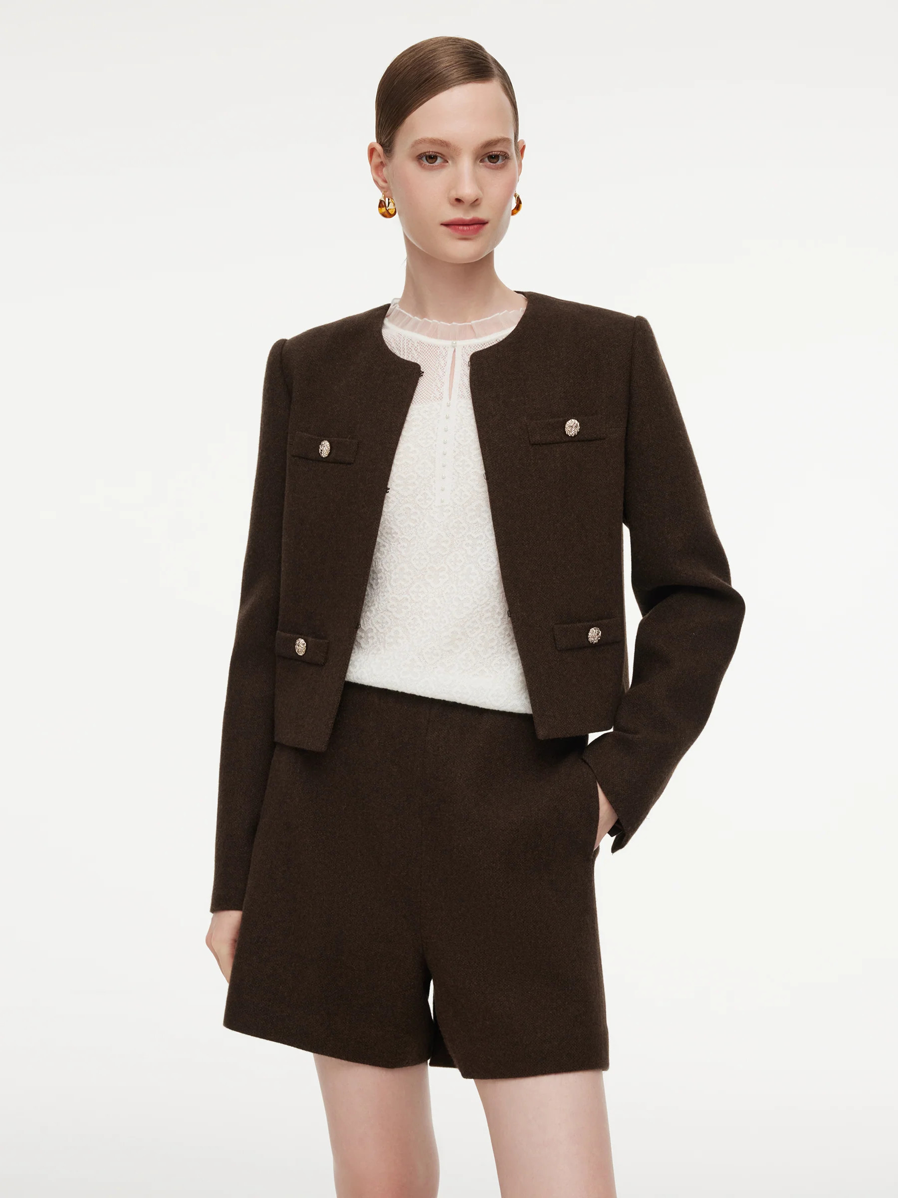 Cashmere Washable Wool Blend Women Cropped Jacket | GOELIA
